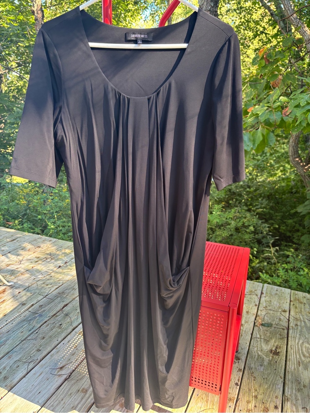 Lafayette 148 New York Black Midi Scoop-Neck Dress with Draped Front